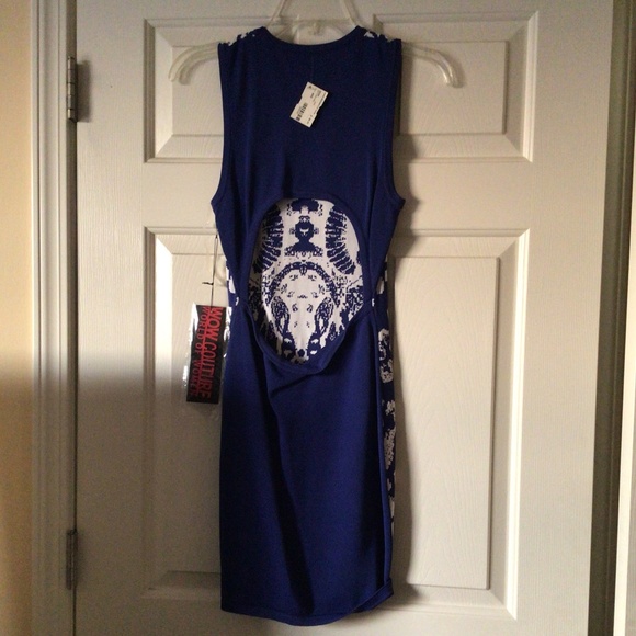 NEW Navy and White Patterned Bodycon dress with Peekaboo Back - Picture 2 of 3